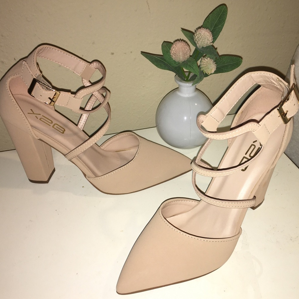 Nude strap pointed toe block heels